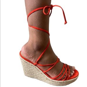 Nine West Womens 8.5 Sandals Orange Suede Strappy Platform Wedge Heels